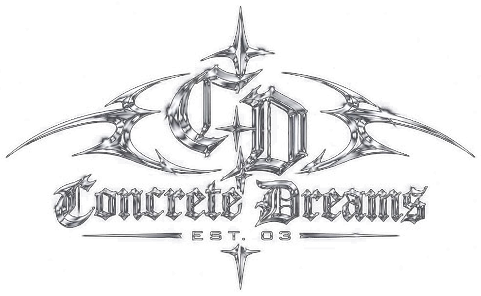 Concrete Dreams chrome logo: gothic CD monogram with star sparkles and blade wings above the words Concrete Dreams, Est. 03